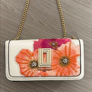 Karl Lagerfeld White Crossbody Wallet with Orange & Pink Floral Embroidery